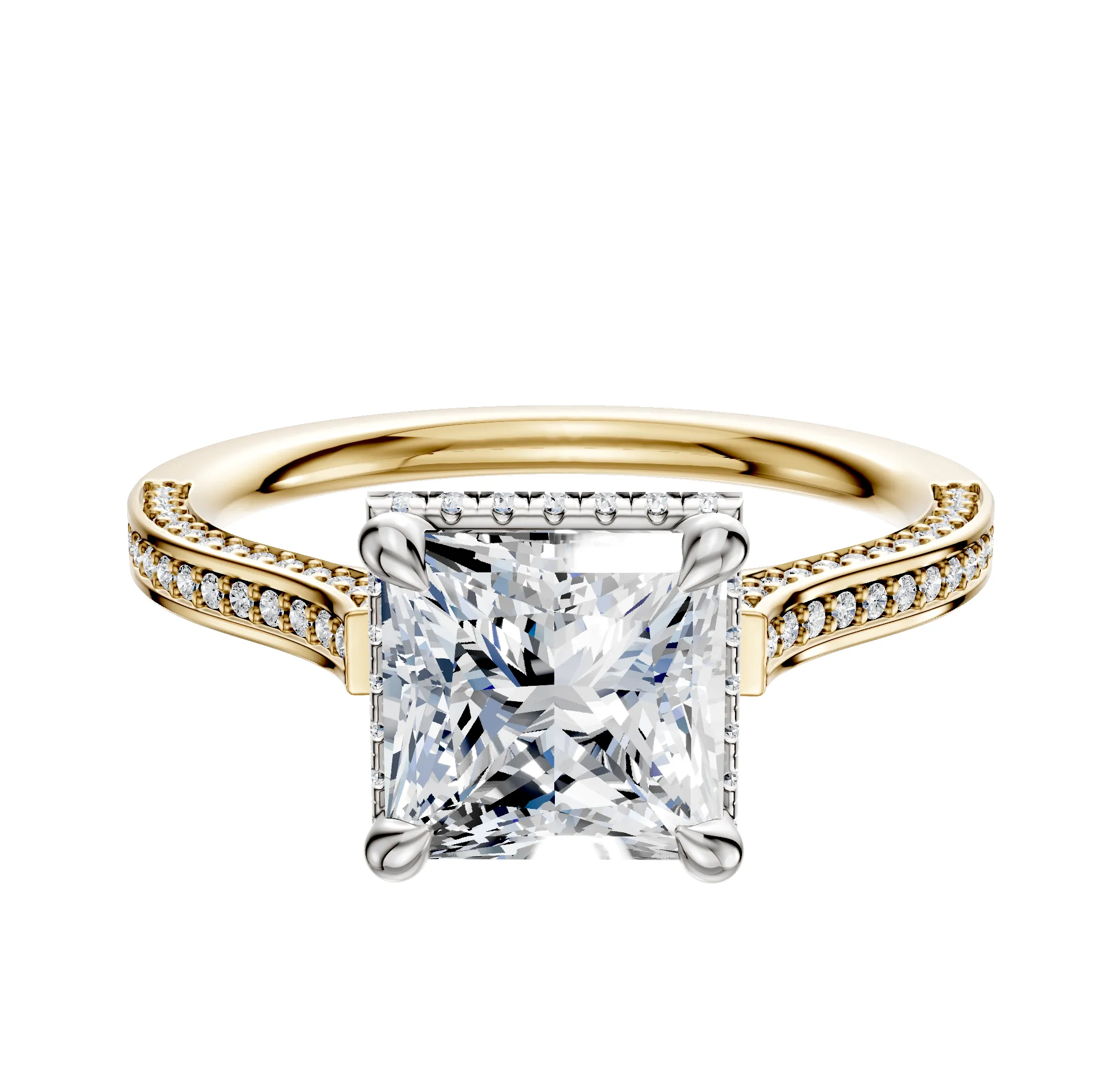 14K Two Tone 4 Prong Collar Cathedral Flat 3-Row-Pave 2.0mm Engagement Ring sold by Promise By Effy