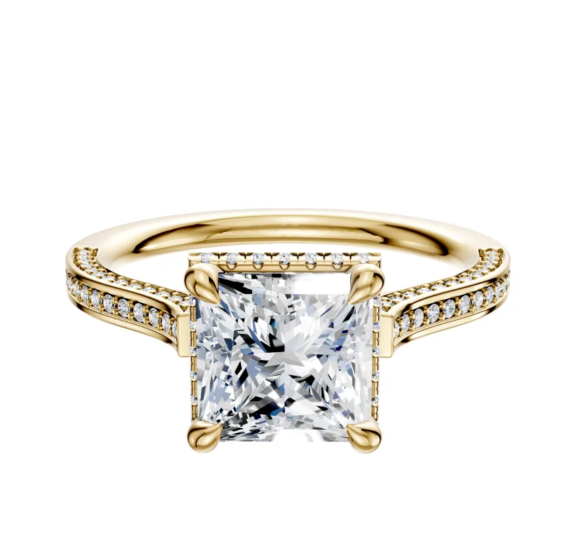 18K Yellow Gold 4 Prong Collar Cathedral Flat 3-Row-Pave 2.0mm Engagement Ring sold by Promise By Effy