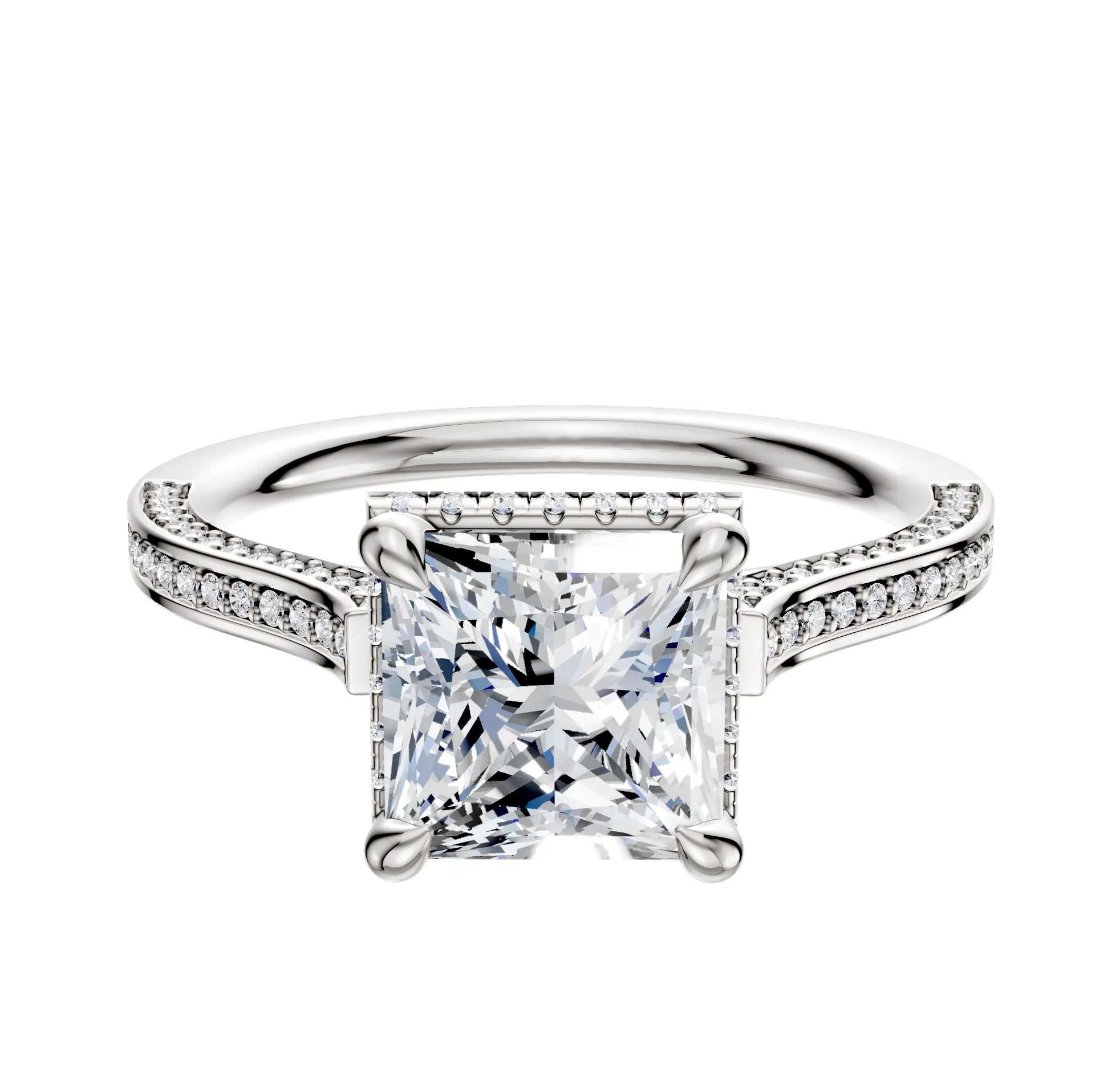 18K White Gold 4 Prong Collar Cathedral Flat 3-Row-Pave 2.0mm Engagement Ring sold by Promise By Effy