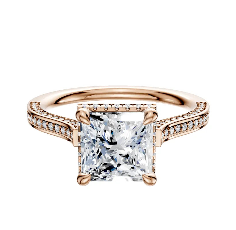 18K Rose Gold 4 Prong Collar Cathedral Flat 3-Row-Pave 2.0mm Engagement Ring sold by Promise By Effy