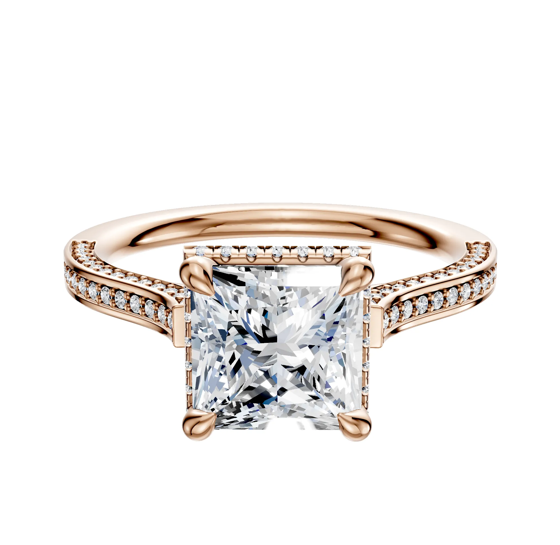 18K Rose Gold 4 Prong Collar Cathedral Flat 3-Row-Pave 2.0mm Engagement Ring sold by Promise By Effy