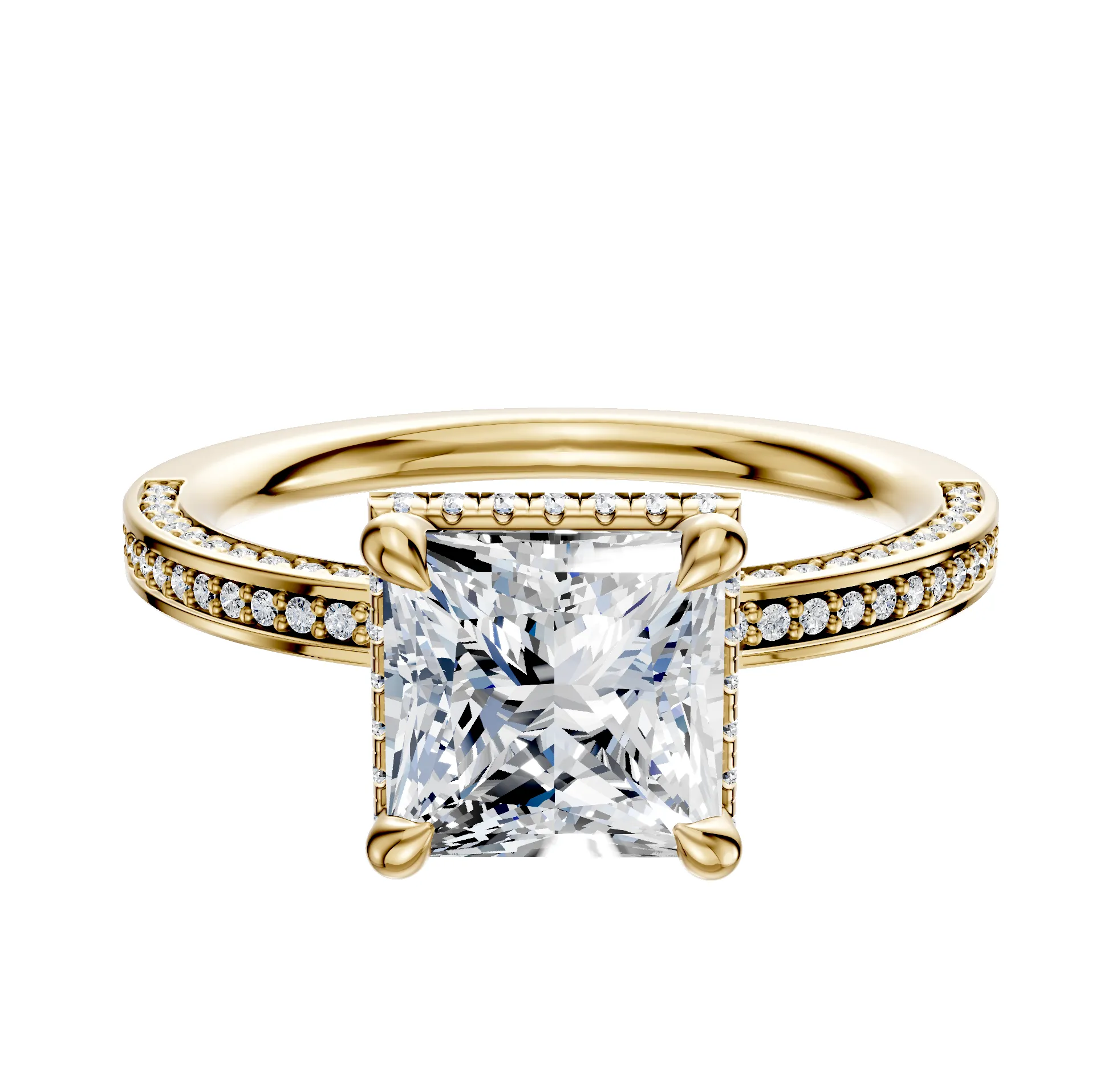 14K Yellow Gold 4 Prong Collar Classic Flat 3-Row-Pave 2.0mm Engagement Ring sold by Promise By Effy