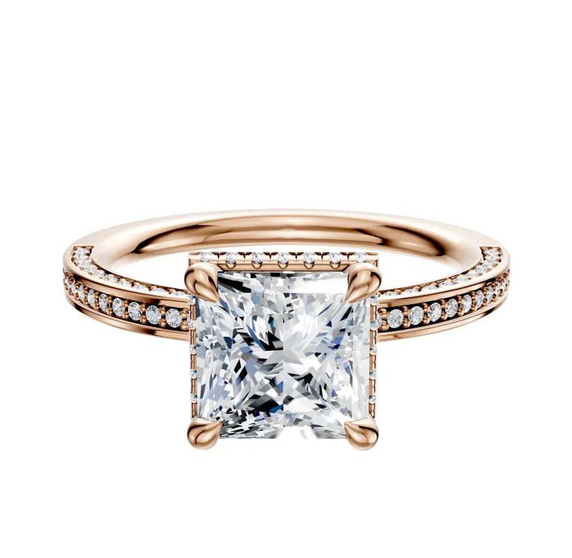 18K Rose Gold 4 Prong Collar Classic Flat 3-Row-Pave 2.0mm Engagement Ring sold by Promise By Effy