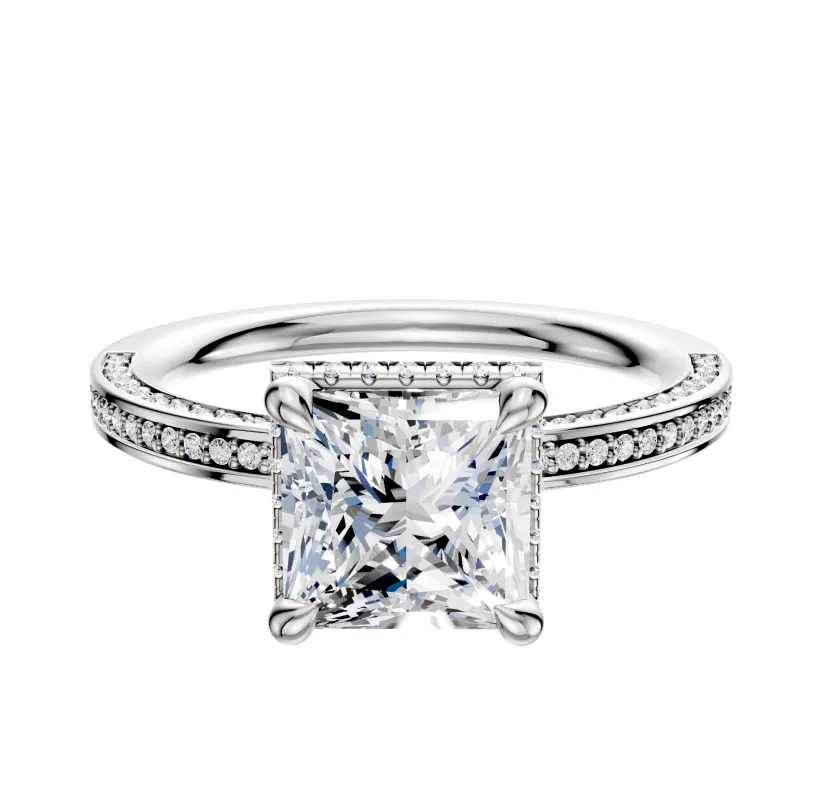 18K White Gold 4 Prong Collar Classic Flat 3-Row-Pave 2.0mm Engagement Ring made by Promise By Effy