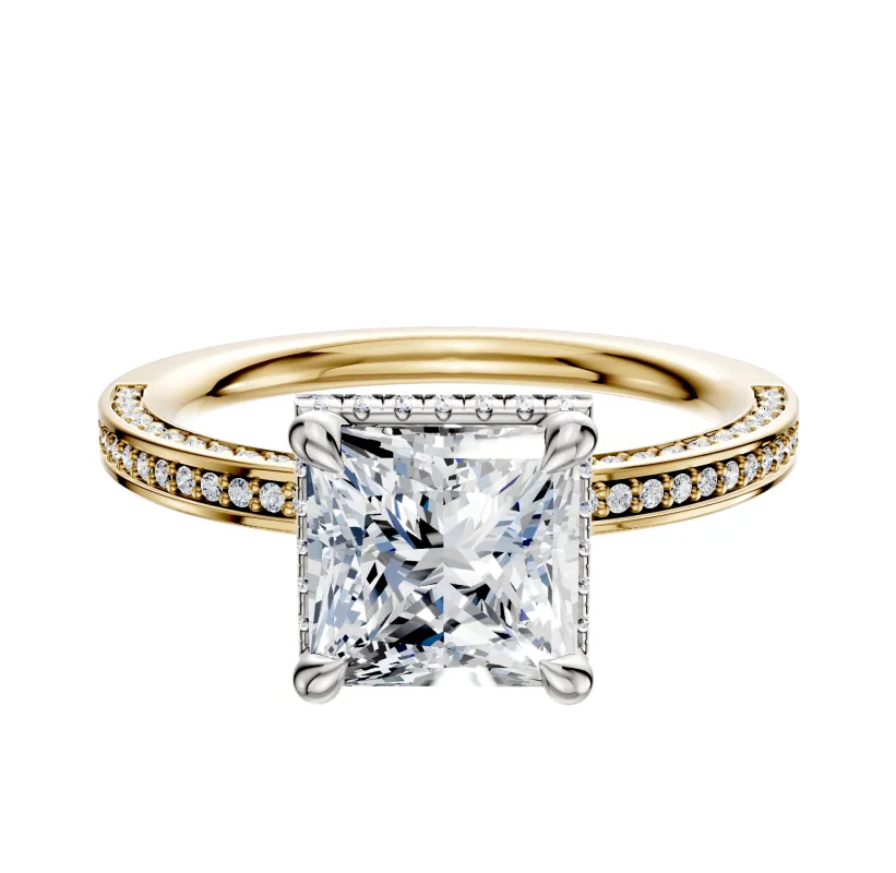 18K Two Tone 4 Prong Collar Classic Flat 3-Row-Pave 2.0mm Engagement Ring sold by Promise By Effy