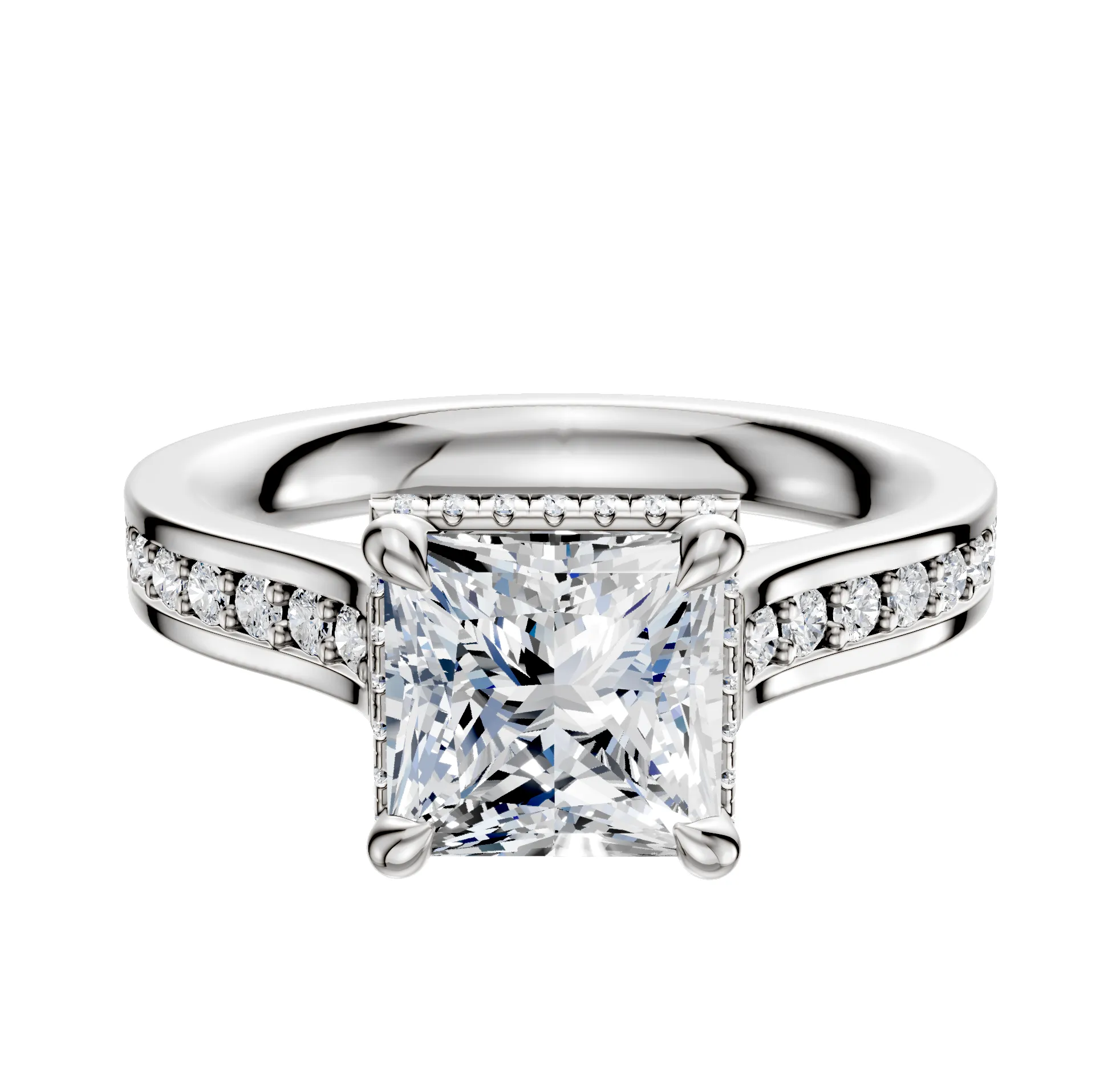 18K White Gold 4 Prong Collar Cathedral Flat 1-Row-Pave 2.5mm Engagement Ring sold by Promise By Effy