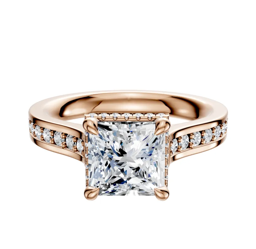 14K Rose Gold 4 Prong Collar Cathedral Flat 1-Row-Pave 2.5mm Engagement Ring sold by Promise By Effy