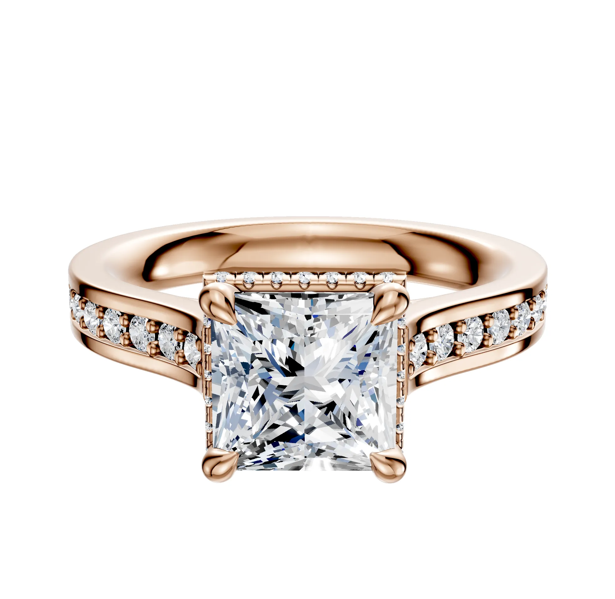 18K Rose Gold 4 Prong Collar Cathedral Flat 1-Row-Pave 2.5mm Engagement Ring sold by Promise By Effy