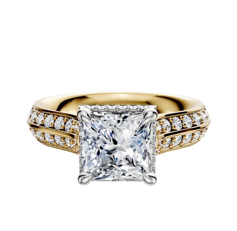 18K Two Tone 4 Prong Collar Cathedral Knife Edge 1-Row-Pave 2.5mm Engagement Ring sold by Promise By Effy