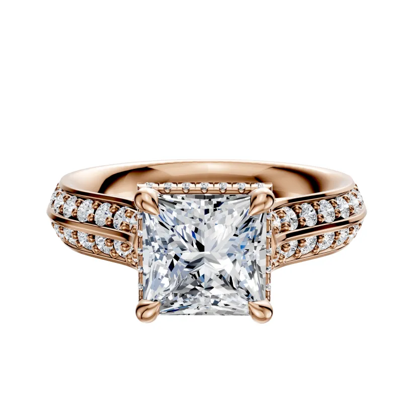 18K Rose Gold 4 Prong Collar Cathedral Knife Edge 1-Row-Pave 2.5mm Engagement Ring sold by Promise By Effy