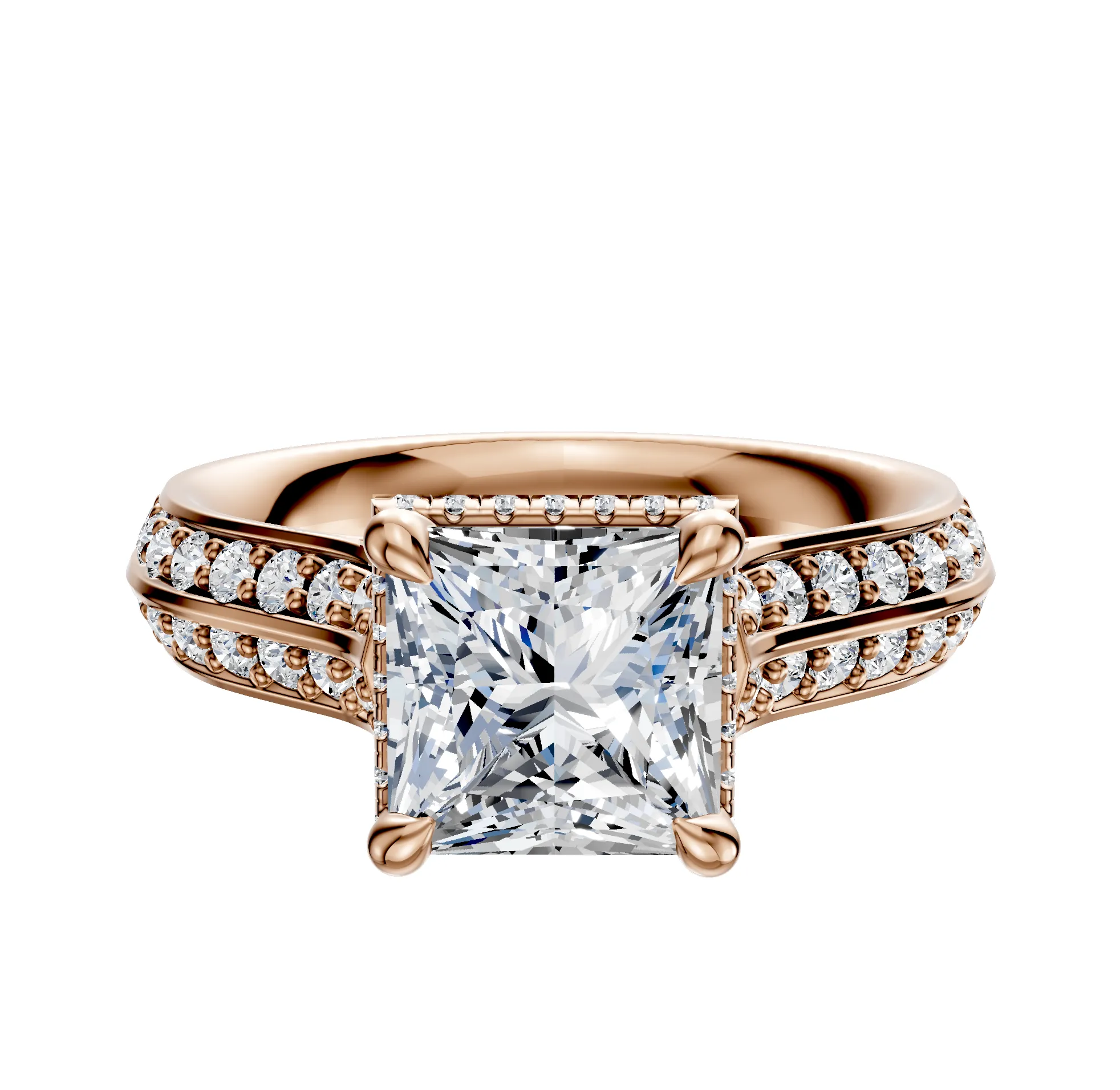 18K Rose Gold 4 Prong Collar Cathedral Knife Edge 1-Row-Pave 2.5mm Engagement Ring sold by Promise By Effy