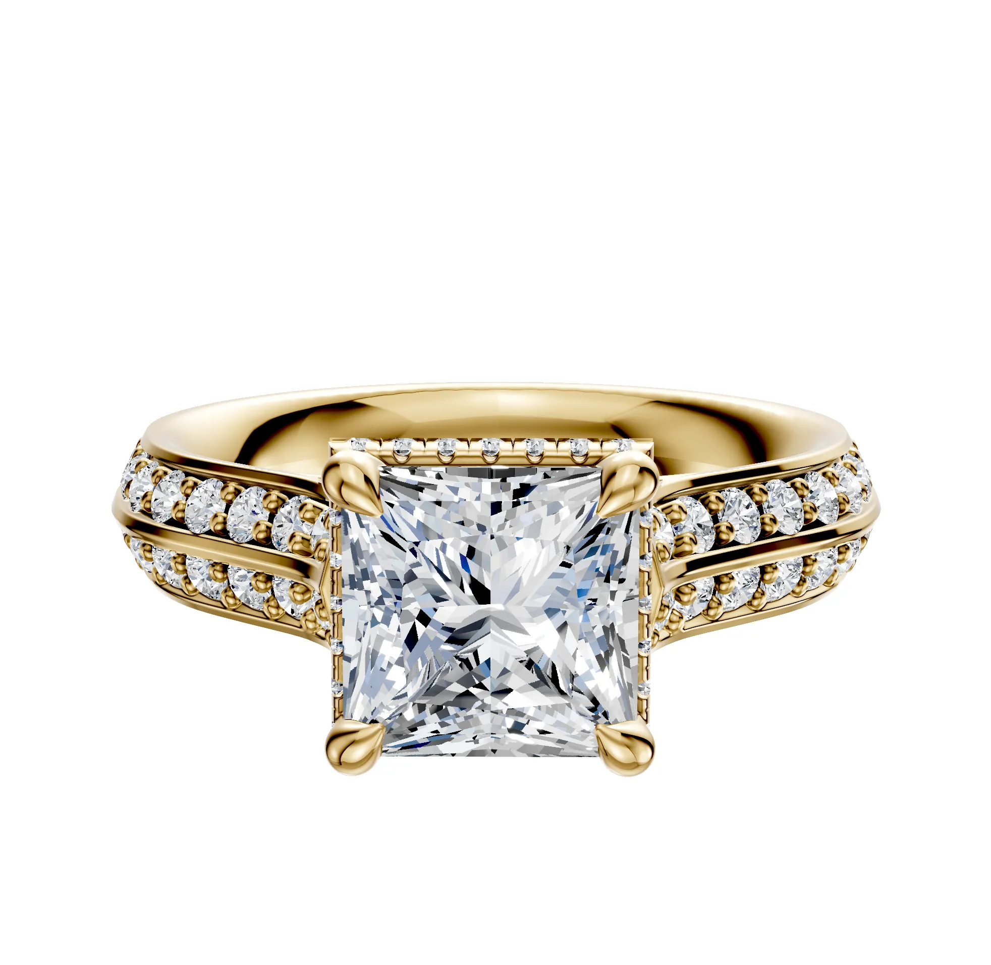 18K Yellow Gold 4 Prong Collar Cathedral Knife Edge 1-Row-Pave 2.5mm Engagement Ring sold by Promise By Effy
