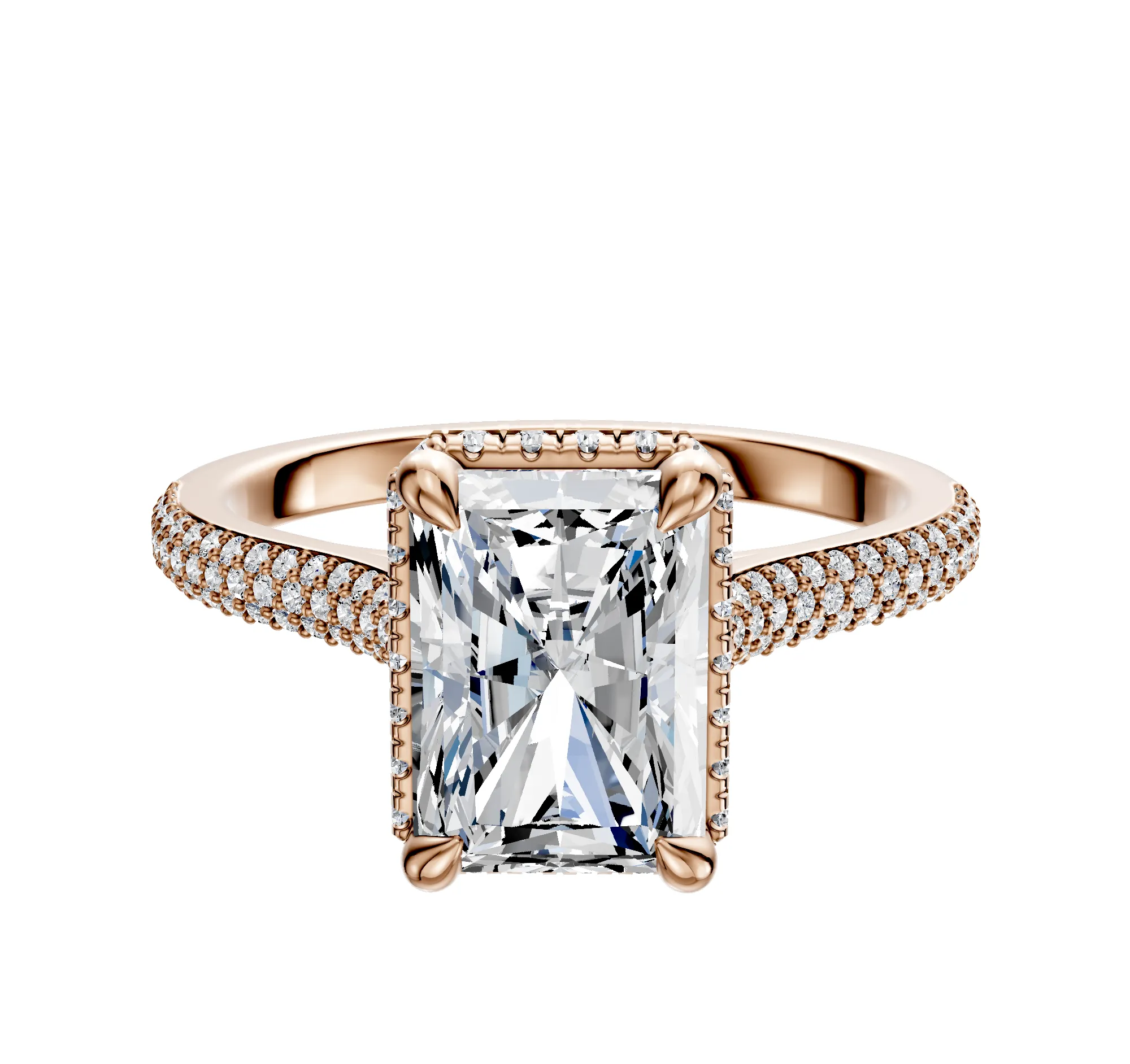 18K Rose Gold 4 Prong Collar Cathedral Dome 3-Row-Pave 2.0mm Engagement Ring sold by Promise By Effy