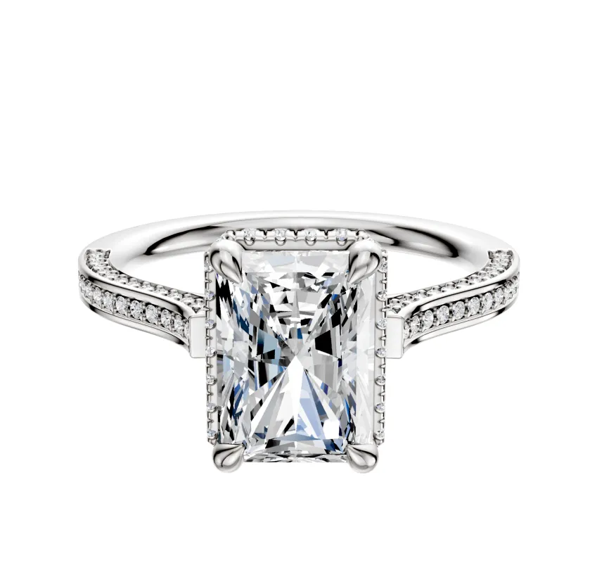 14K White Gold 4 Prong Collar Cathedral Flat 3-Row-Pave 2.0mm Engagement Ring sold by Promise By Effy