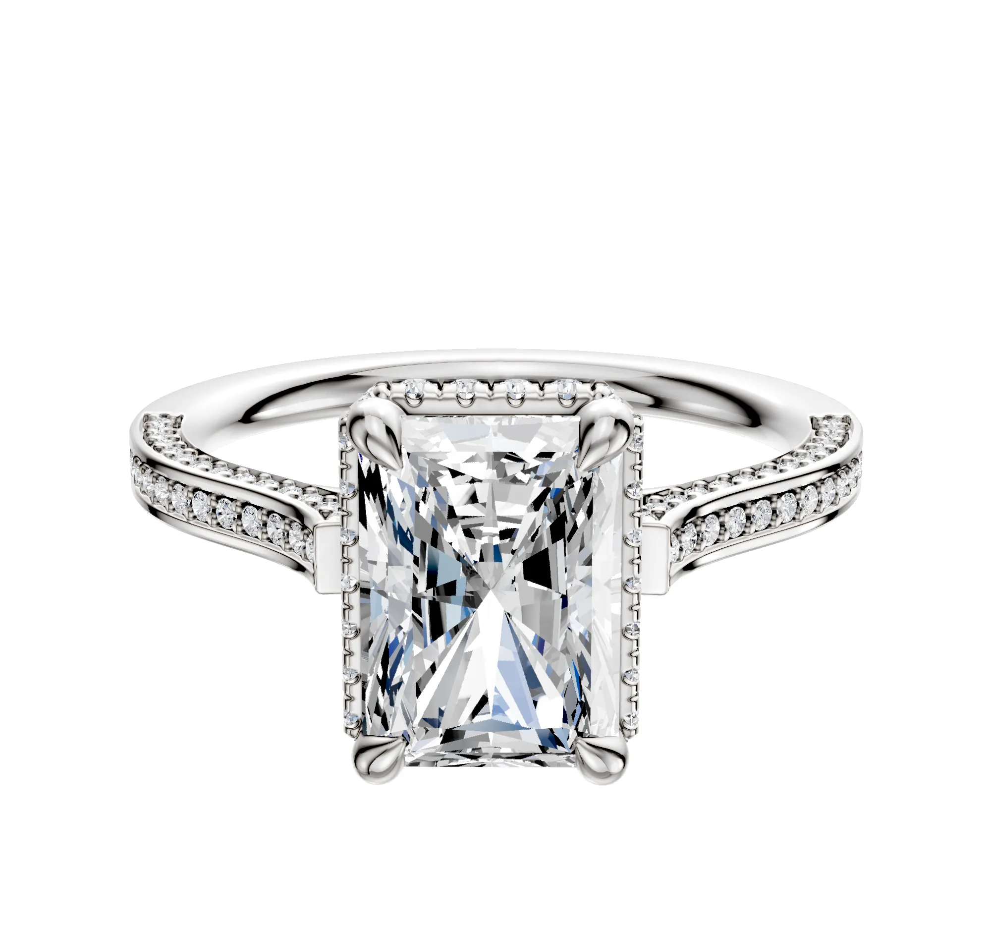 14K White Gold 4 Prong Collar Cathedral Flat 3-Row-Pave 2.0mm Engagement Ring sold by Promise By Effy