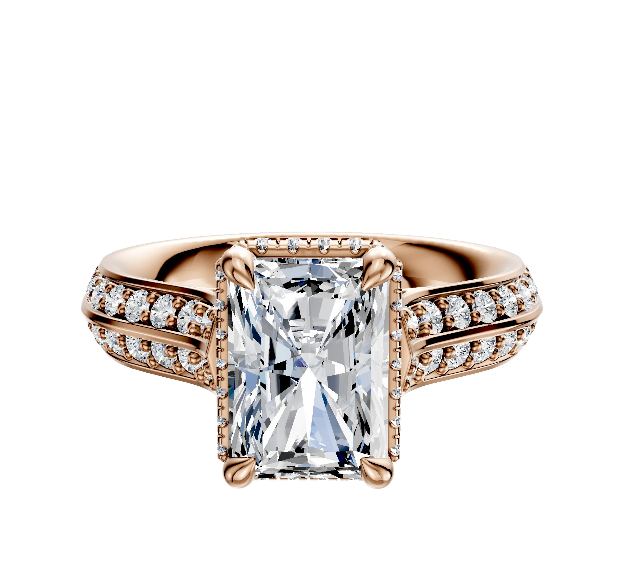 18K Rose Gold 4 Prong Collar Cathedral Knife Edge 1-Row-Pave 2.5mm Engagement Ring sold by Promise By Effy