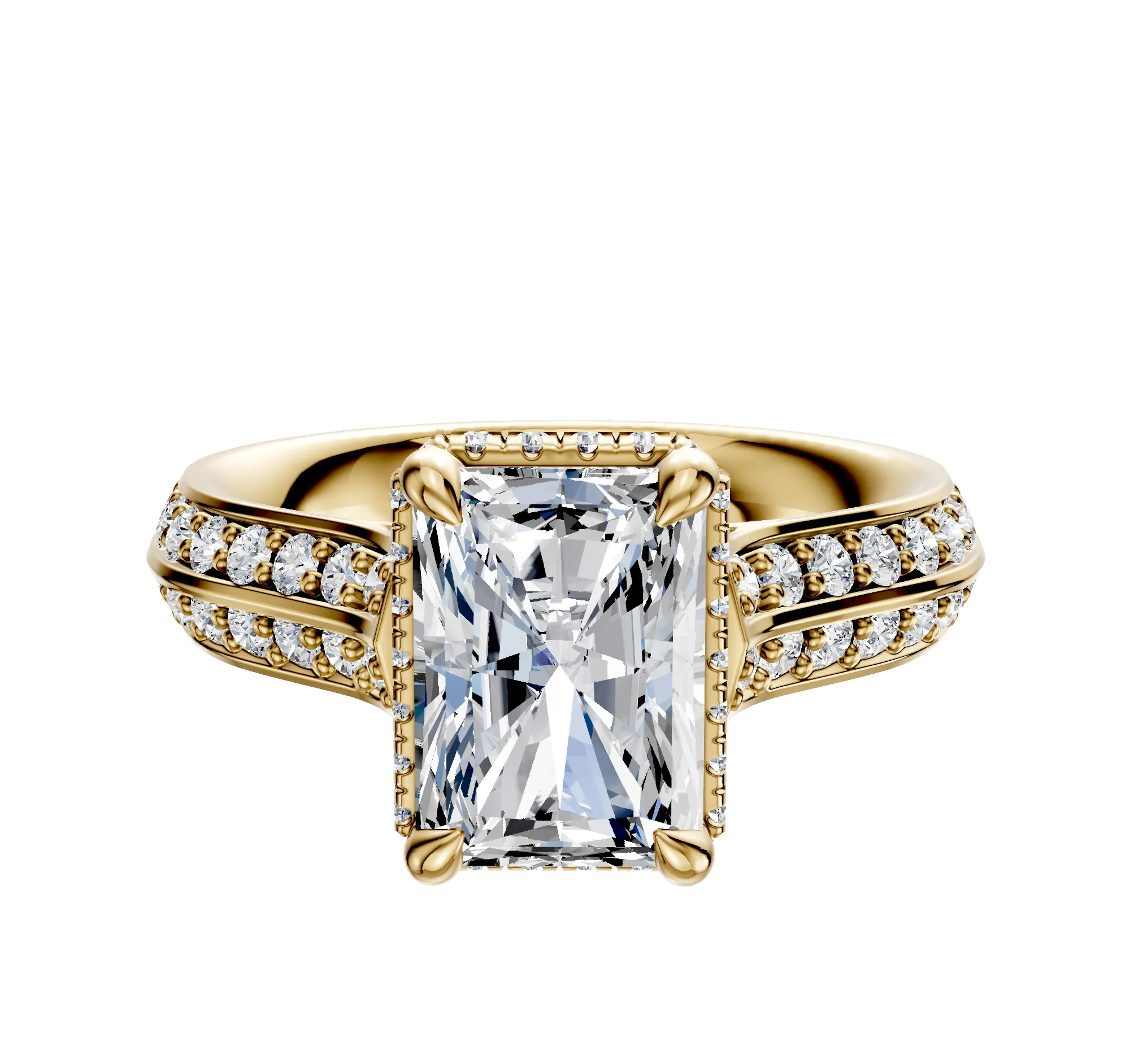 18K Yellow Gold 4 Prong Collar Cathedral Knife Edge 1-Row-Pave 2.5mm Engagement Ring sold by Promise By Effy