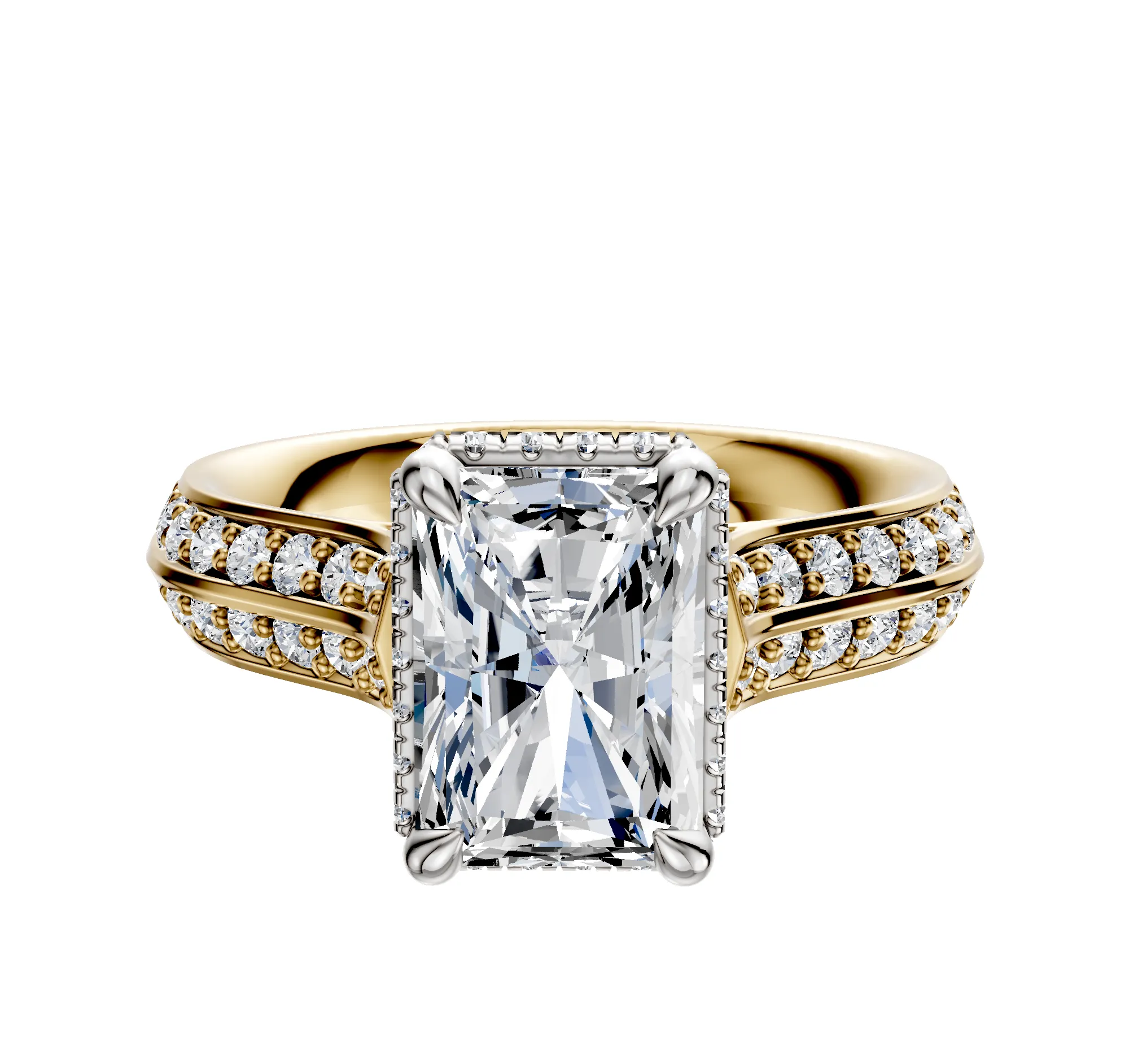 18K Two Tone 4 Prong Collar Cathedral Knife Edge 1-Row-Pave 2.5mm Engagement Ring sold by Promise By Effy