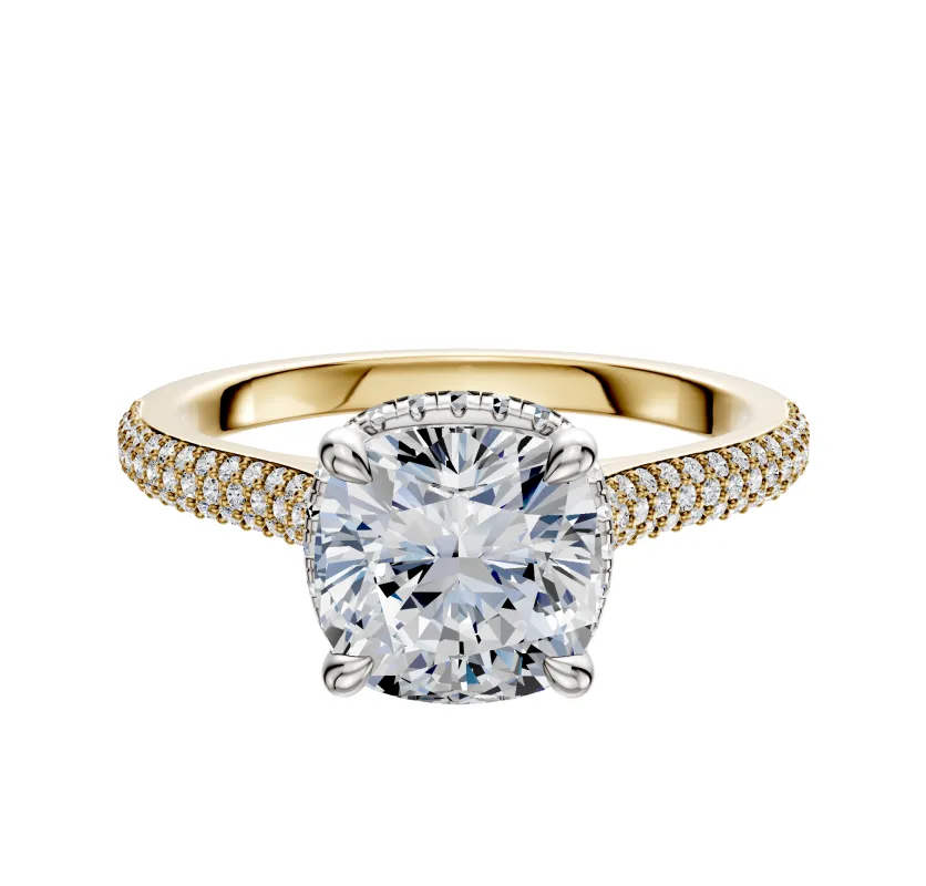 14K Two Tone 4 Prong Collar Cathedral Dome 3-Row-Pave 2.0mm Engagement Ring sold by Promise By Effy