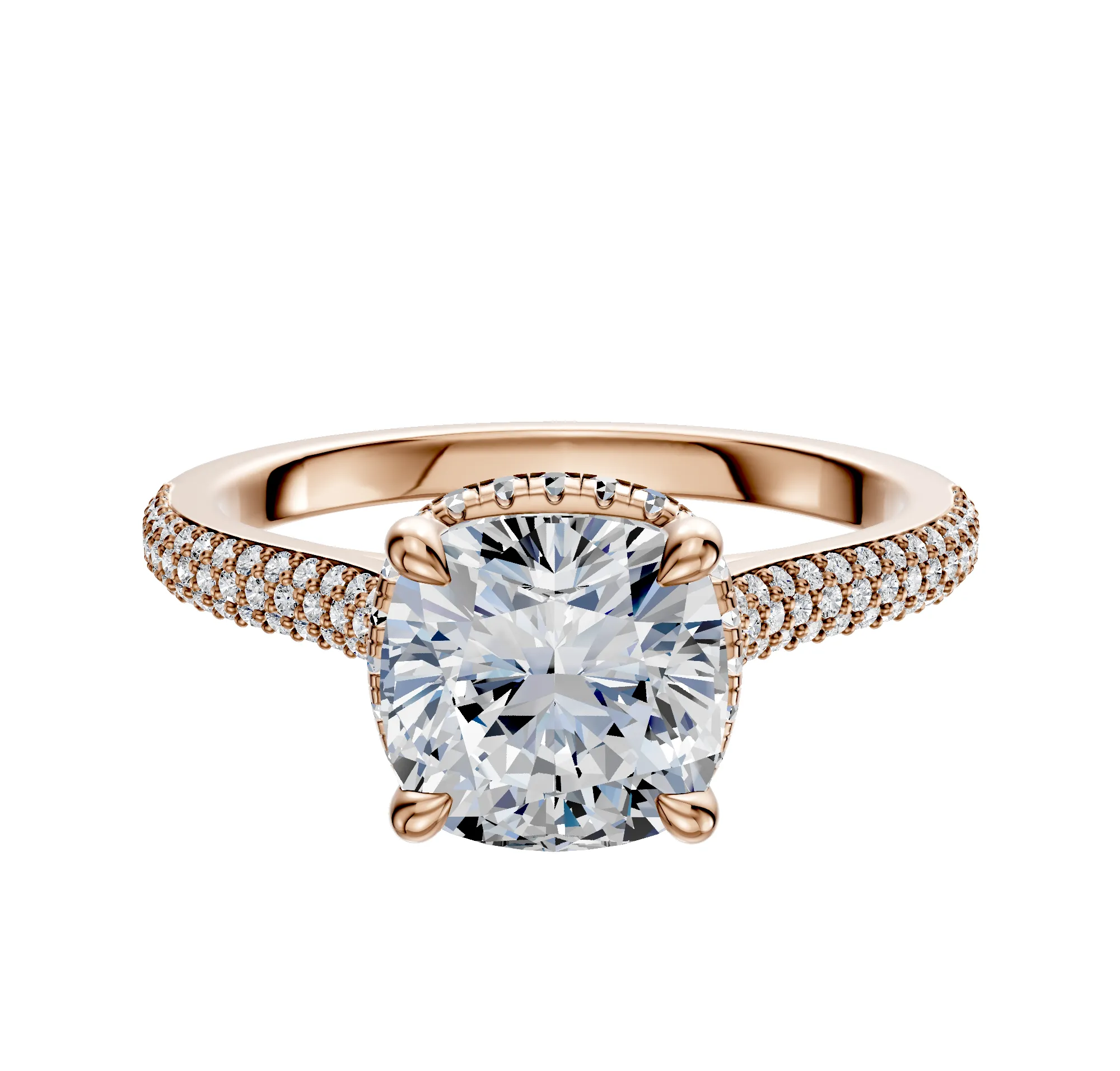 18K Rose Gold 4 Prong Collar Cathedral Dome 3-Row-Pave 2.0mm Engagement Ring sold by Promise By Effy