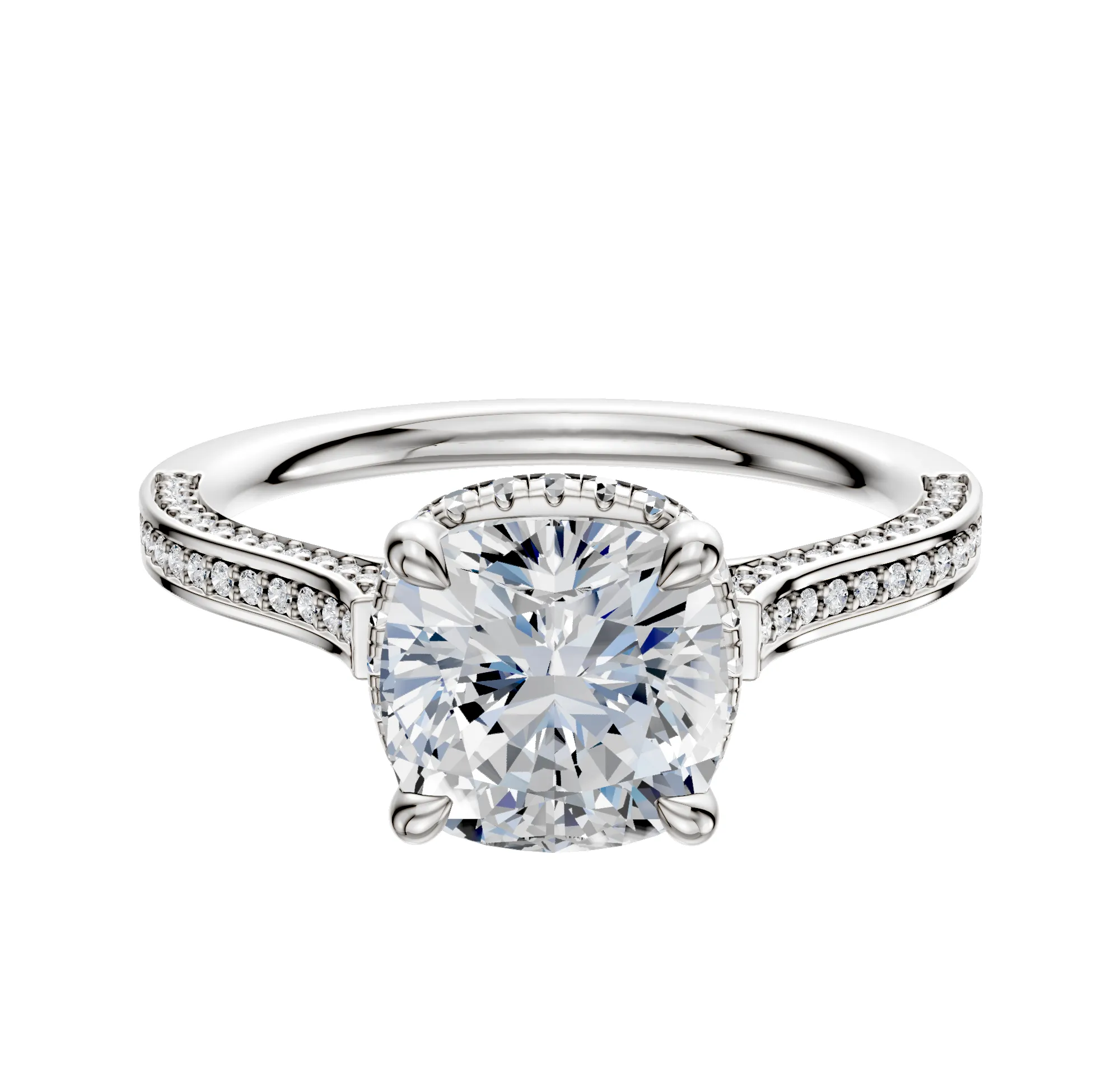 14K White Gold 4 Prong Collar Cathedral Flat 3-Row-Pave 2.0mm Engagement Ring sold by Promise By Effy