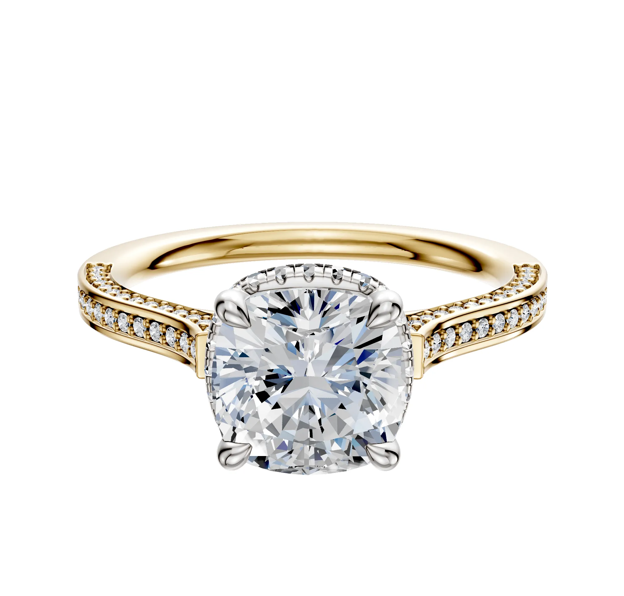 18K Two Tone 4 Prong Collar Cathedral Flat 3-Row-Pave 2.0mm Engagement Ring sold by Promise By Effy