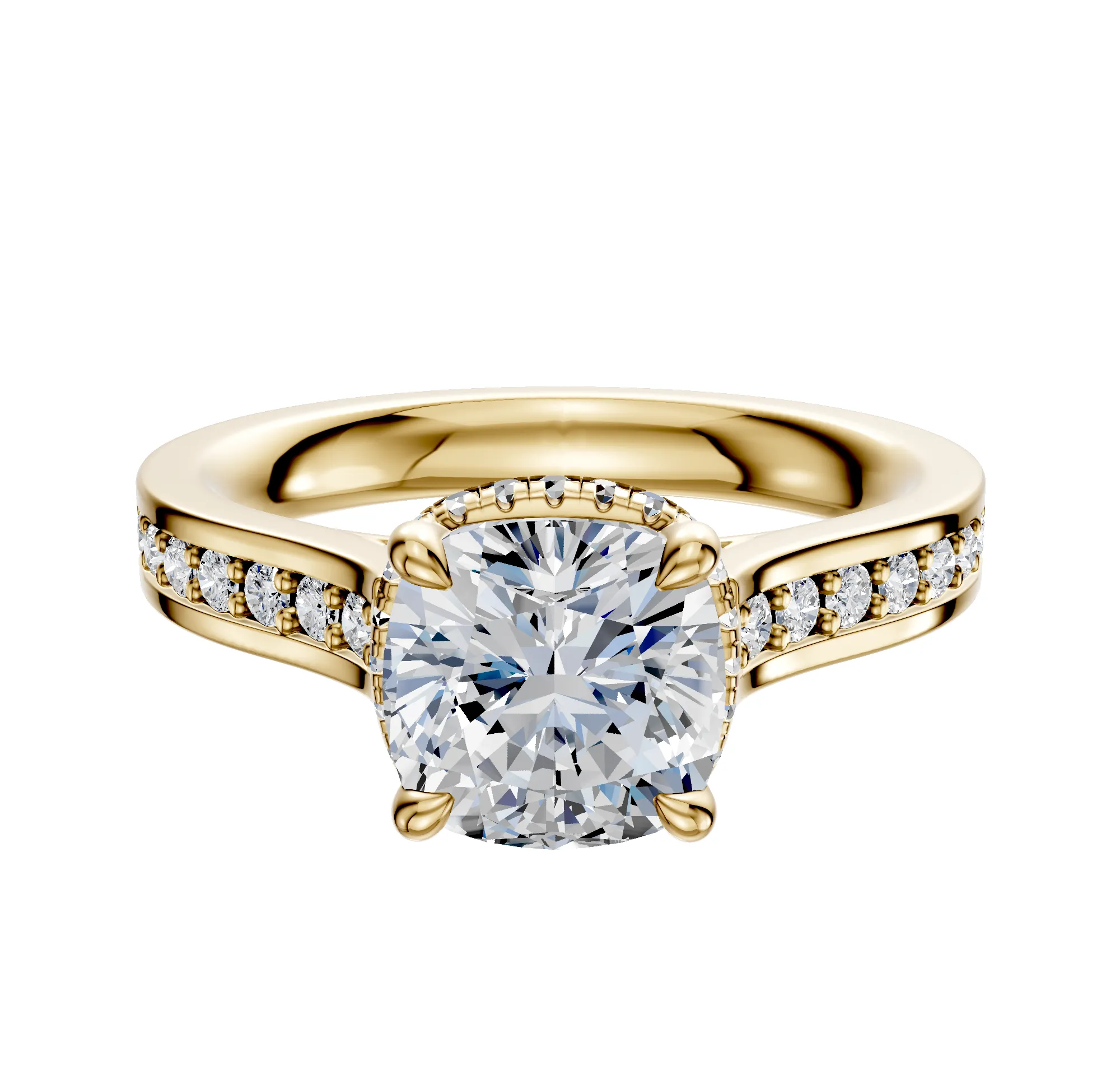 18K Yellow Gold 4 Prong Collar Cathedral Flat 1-Row-Pave 2.5mm Engagement Ring sold by Promise By Effy