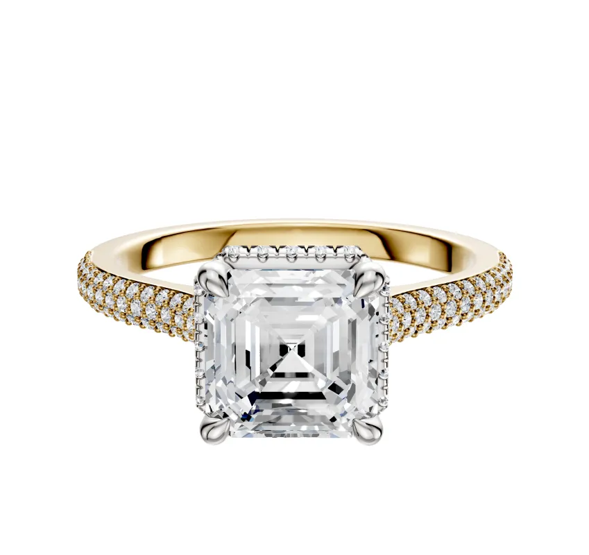 18K Two Tone 4 Prong Collar Cathedral Dome 3-Row-Pave 2.0mm Engagement Ring sold by Promise By Effy
