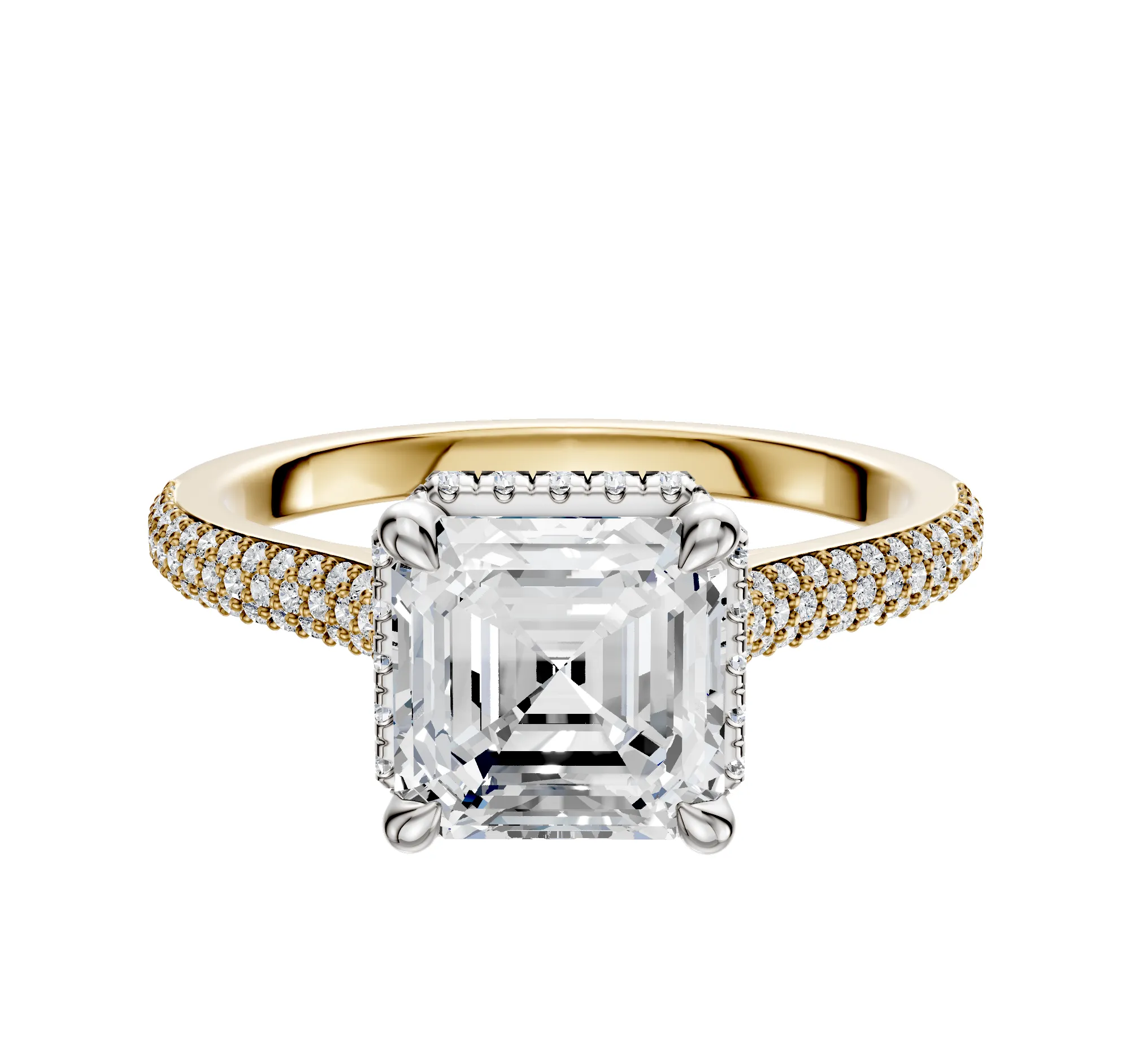 18K Two Tone 4 Prong Collar Cathedral Dome 3-Row-Pave 2.0mm Engagement Ring sold by Promise By Effy