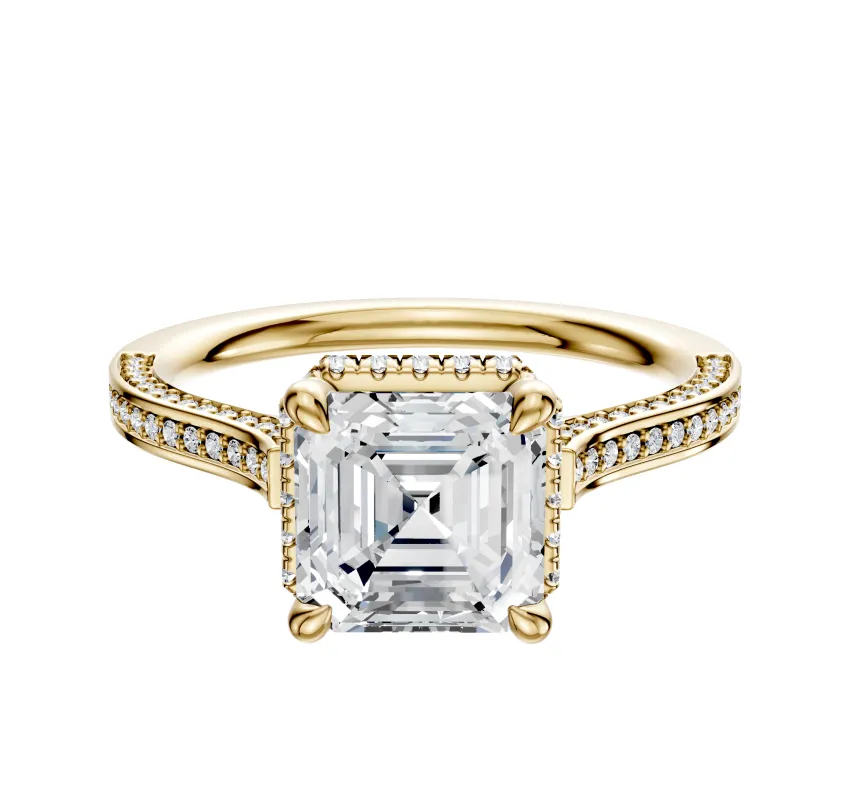18K Yellow Gold 4 Prong Collar Cathedral Flat 3-Row-Pave 2.0mm Engagement Ring sold by Promise By Effy