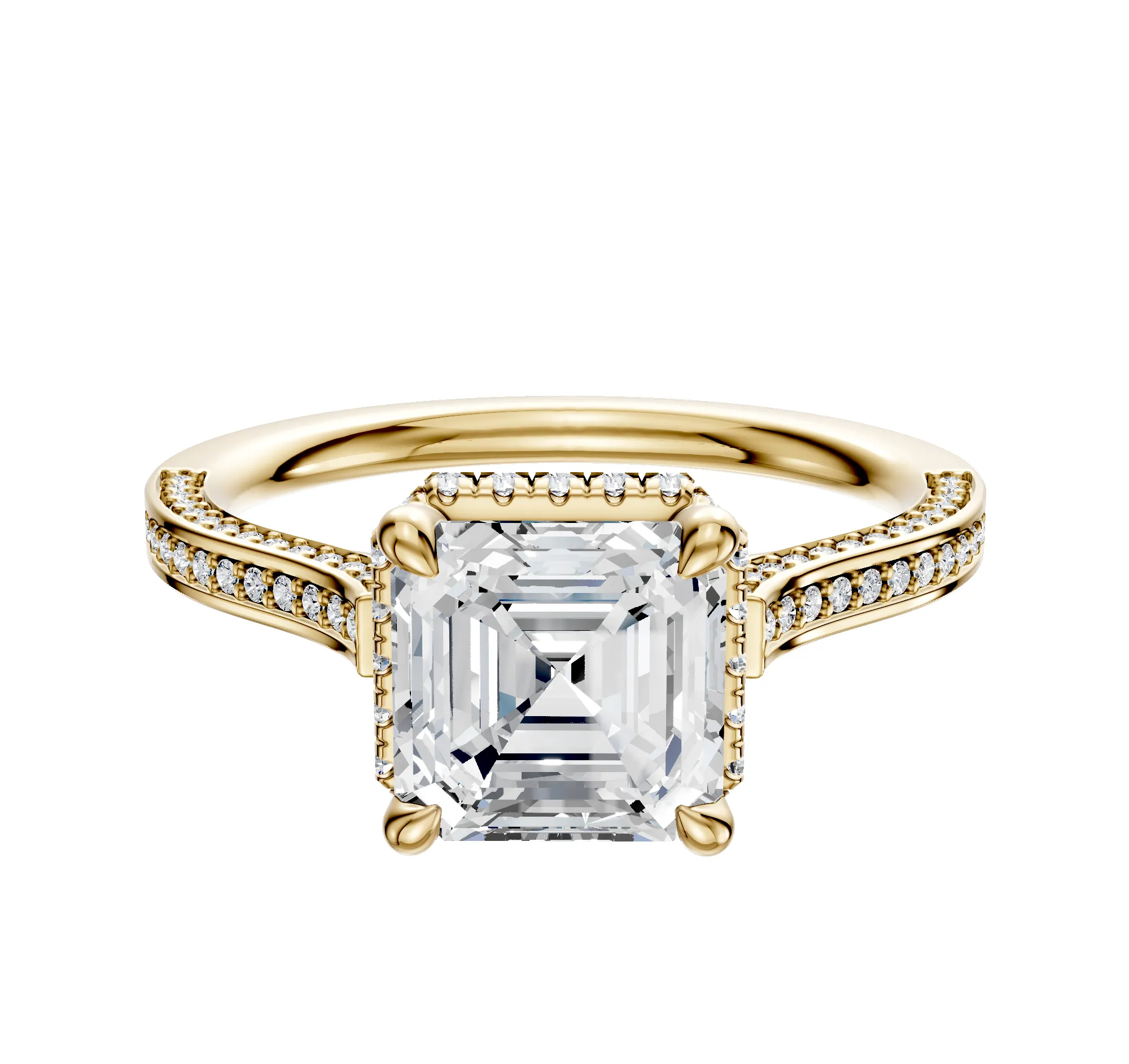 18K Yellow Gold 4 Prong Collar Cathedral Flat 3-Row-Pave 2.0mm Engagement Ring sold by Promise By Effy