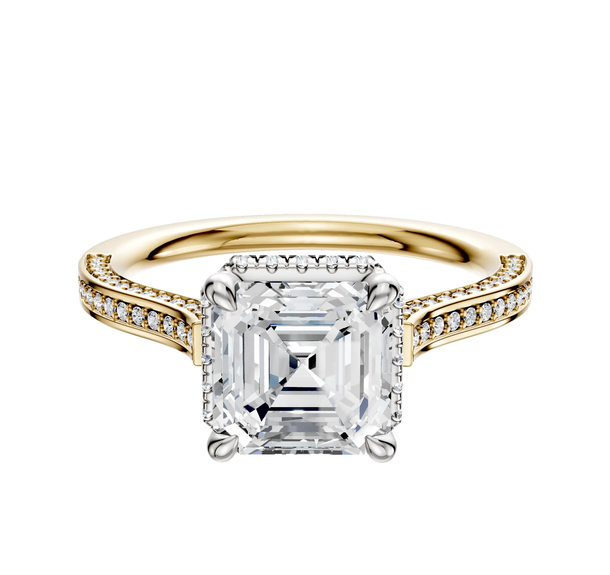 18K Two Tone 4 Prong Collar Cathedral Flat 3-Row-Pave 2.0mm Engagement Ring sold by Promise By Effy