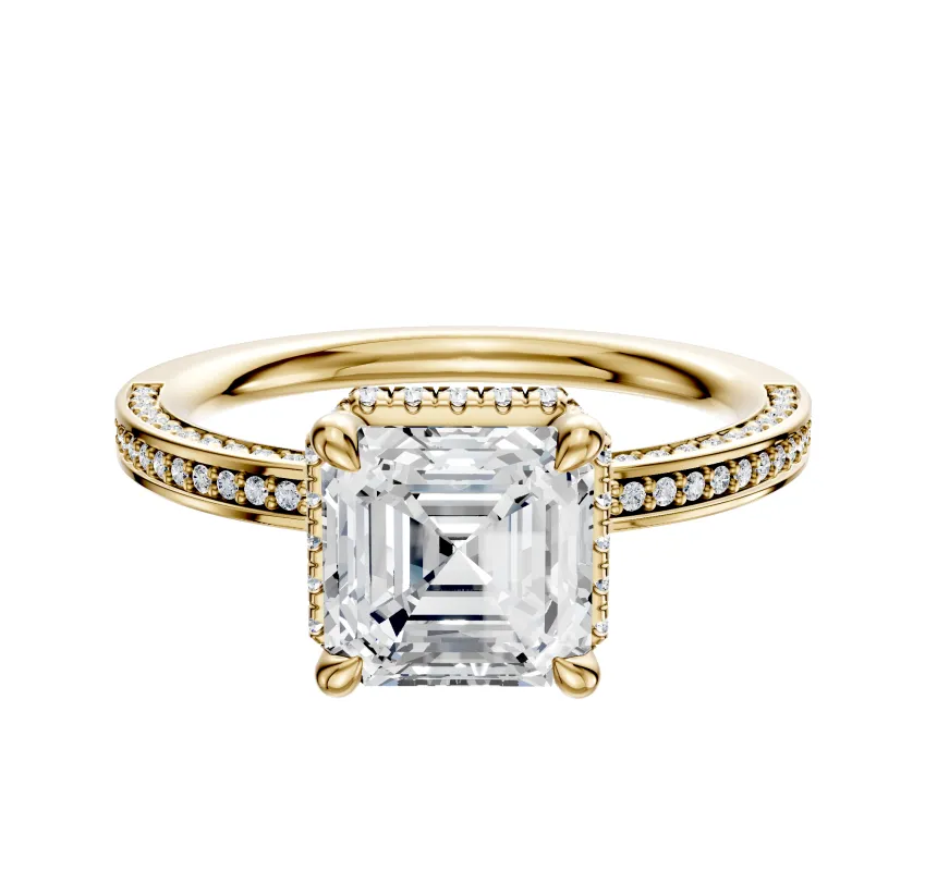 14K Yellow Gold 4 Prong Collar Classic Flat 3-Row-Pave 2.0mm Engagement Ring made by Promise By Effy