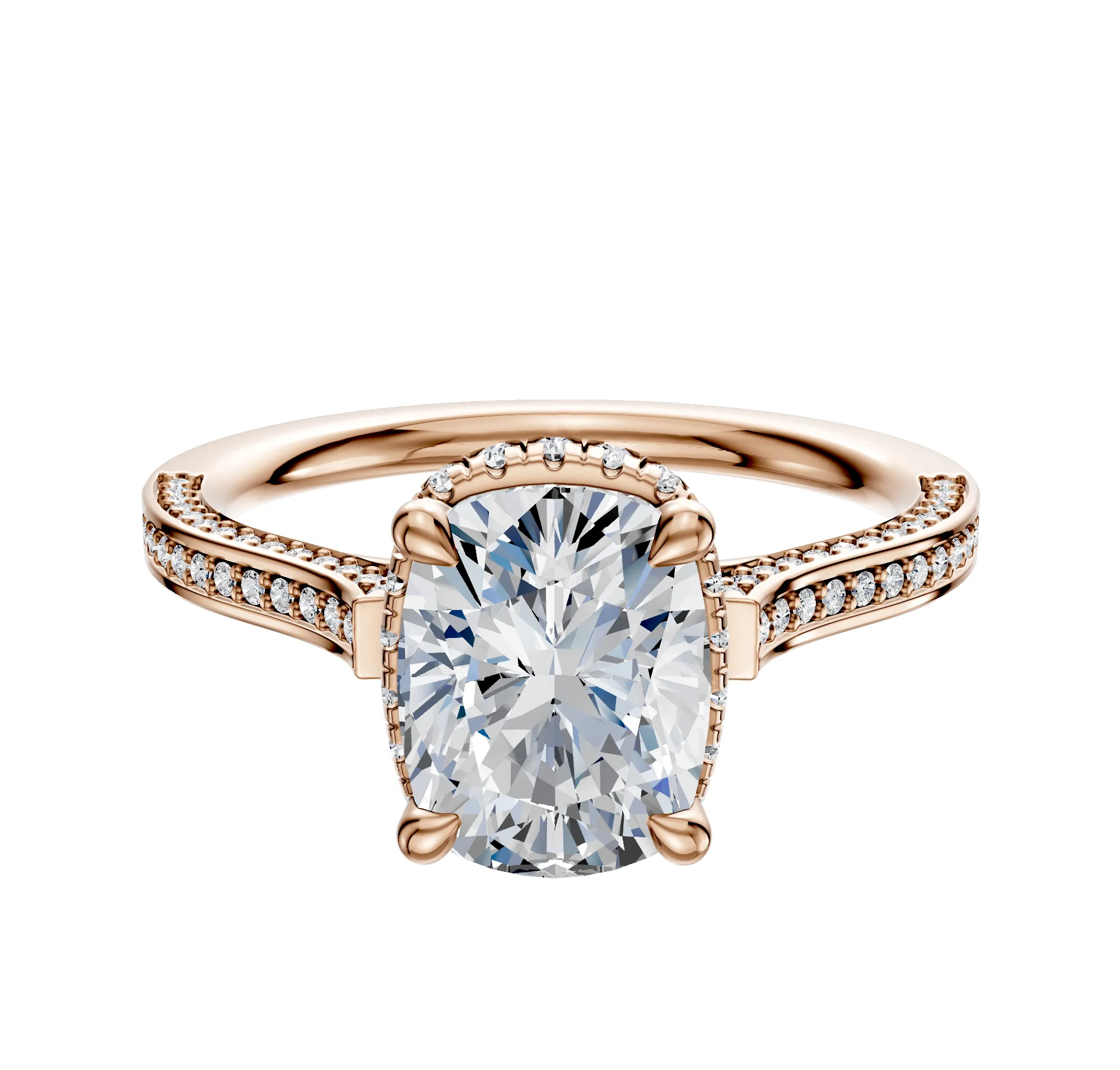 14K Rose Gold 4 Prong Collar Cathedral Flat 3-Row-Pave 2.0mm Engagement Ring sold by Promise By Effy