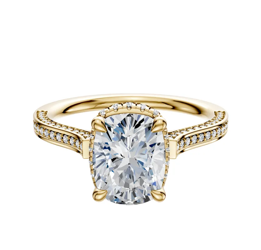 18K Yellow Gold 4 Prong Collar Cathedral Flat 3-Row-Pave 2.0mm Engagement Ring sold by Promise By Effy