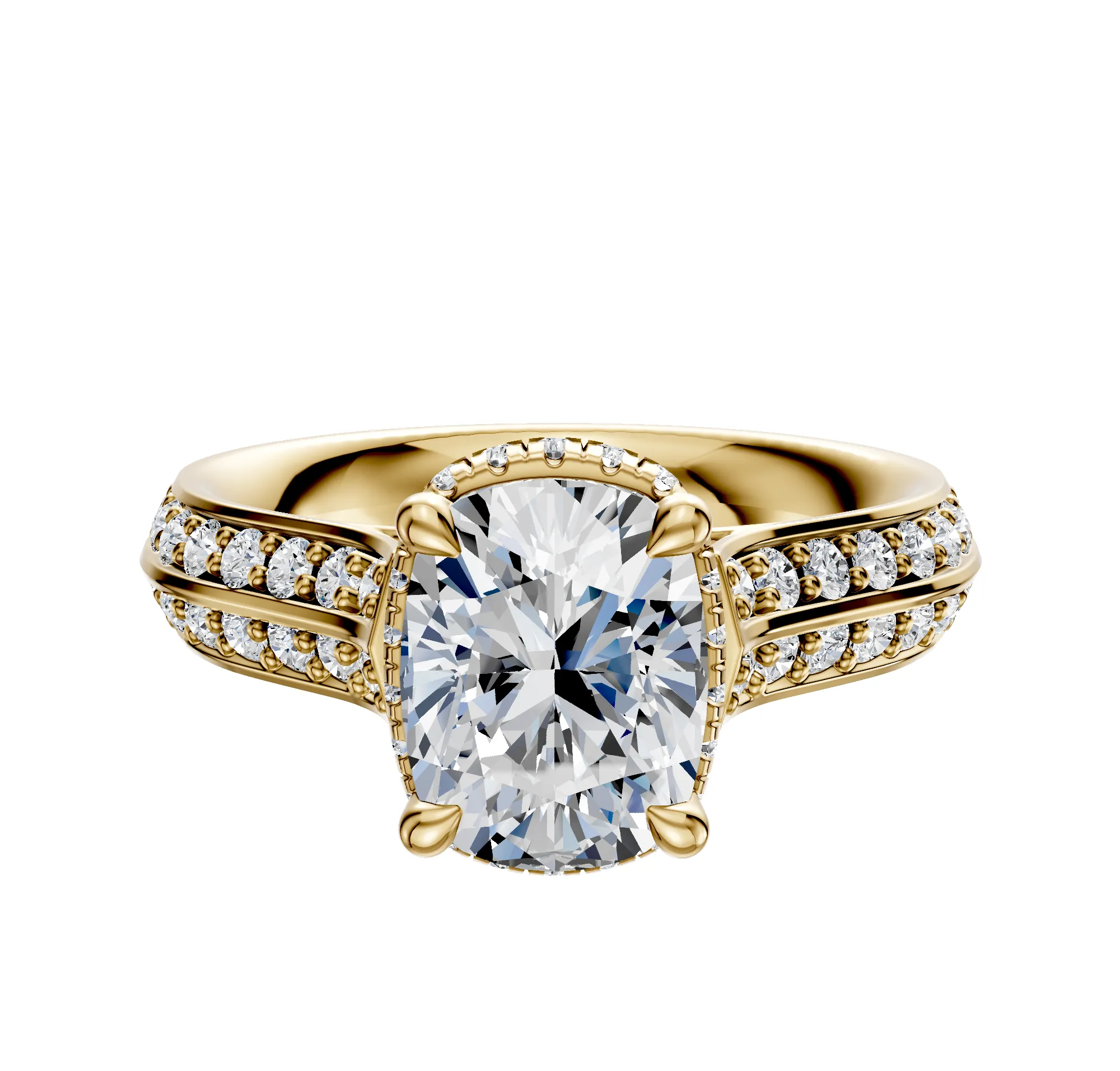 18K Yellow Gold 4 Prong Collar Cathedral Knife Edge 1-Row-Pave 2.5mm Engagement Ring sold by Promise By Effy