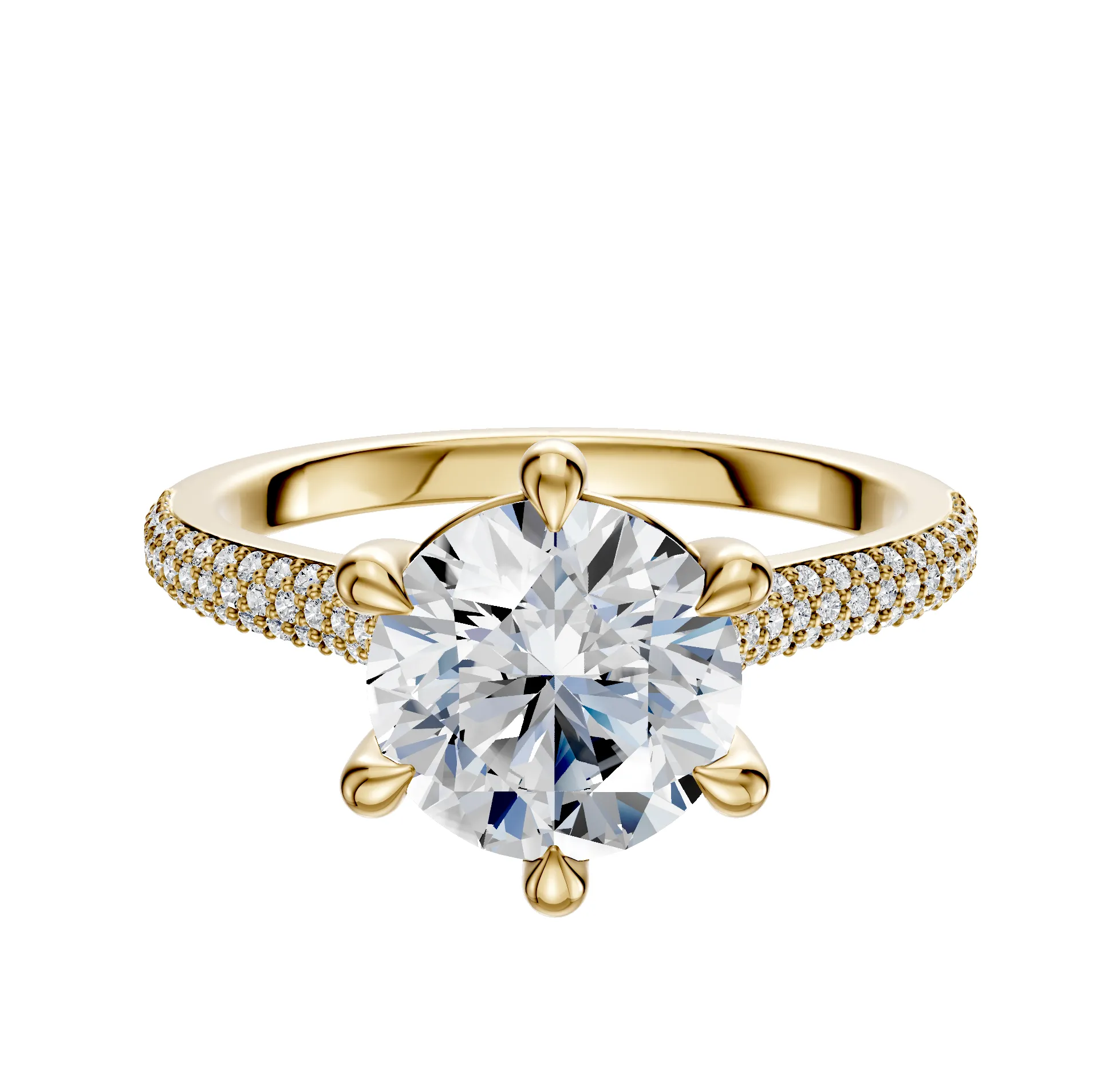 18K Yellow Gold 6 Prong Basket Cathedral Dome 3-Row-Pave 2.0mm Engagement Ring sold by Promise By Effy