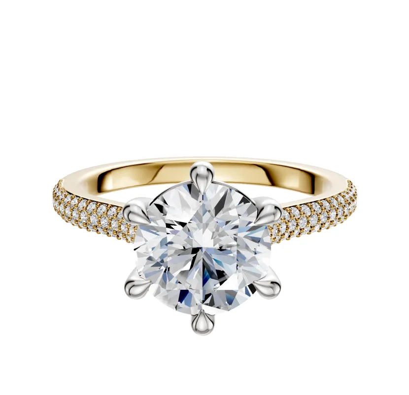 18K Two Tone 6 Prong Basket Cathedral Dome 3-Row-Pave 2.0mm Engagement Ring sold by Promise By Effy