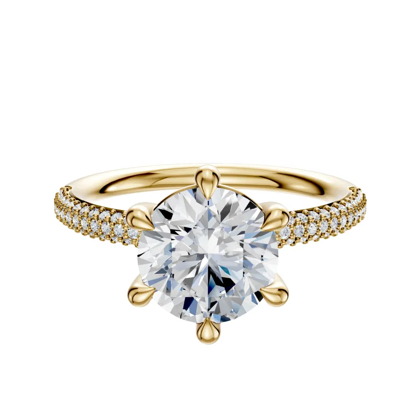18K Yellow Gold 6 Prong Basket Classic Dome 3-Row-Pave 2.0mm Engagement Ring sold by Promise By Effy
