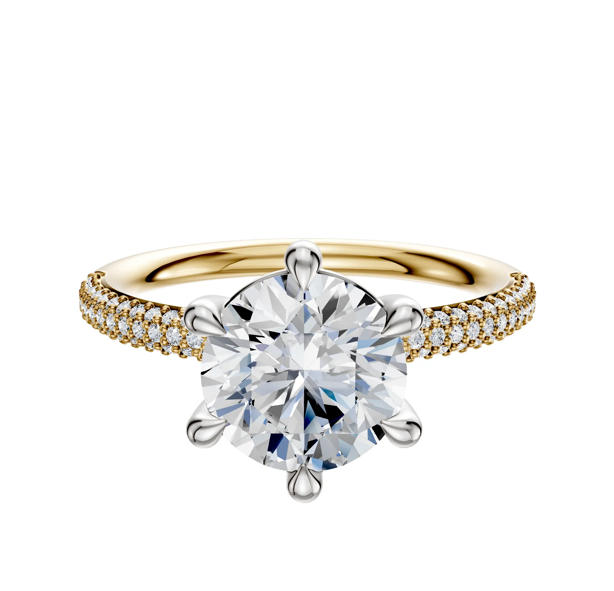 18K Two Tone 6 Prong Basket Classic Dome 3-Row-Pave 2.0mm Engagement Ring sold by Promise By Effy