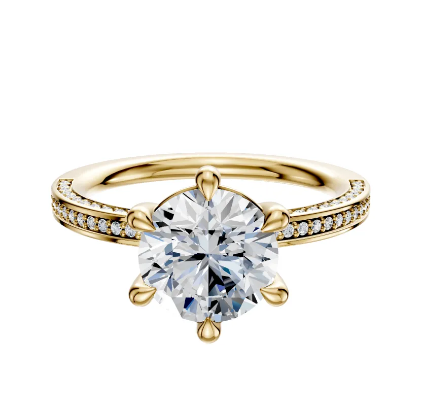 18K Yellow Gold 6 Prong Basket Classic Flat 3-Row-Pave 2.0mm Engagement Ring sold by Promise By Effy