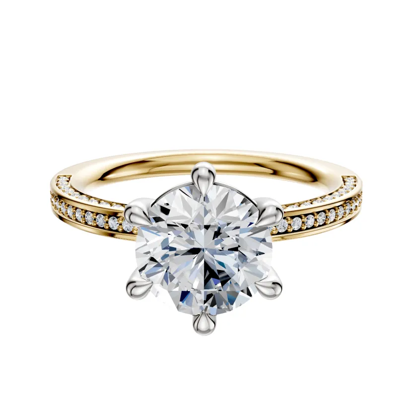 18K Two Tone 6 Prong Basket Classic Flat 3-Row-Pave 2.0mm Engagement Ring sold by Promise By Effy