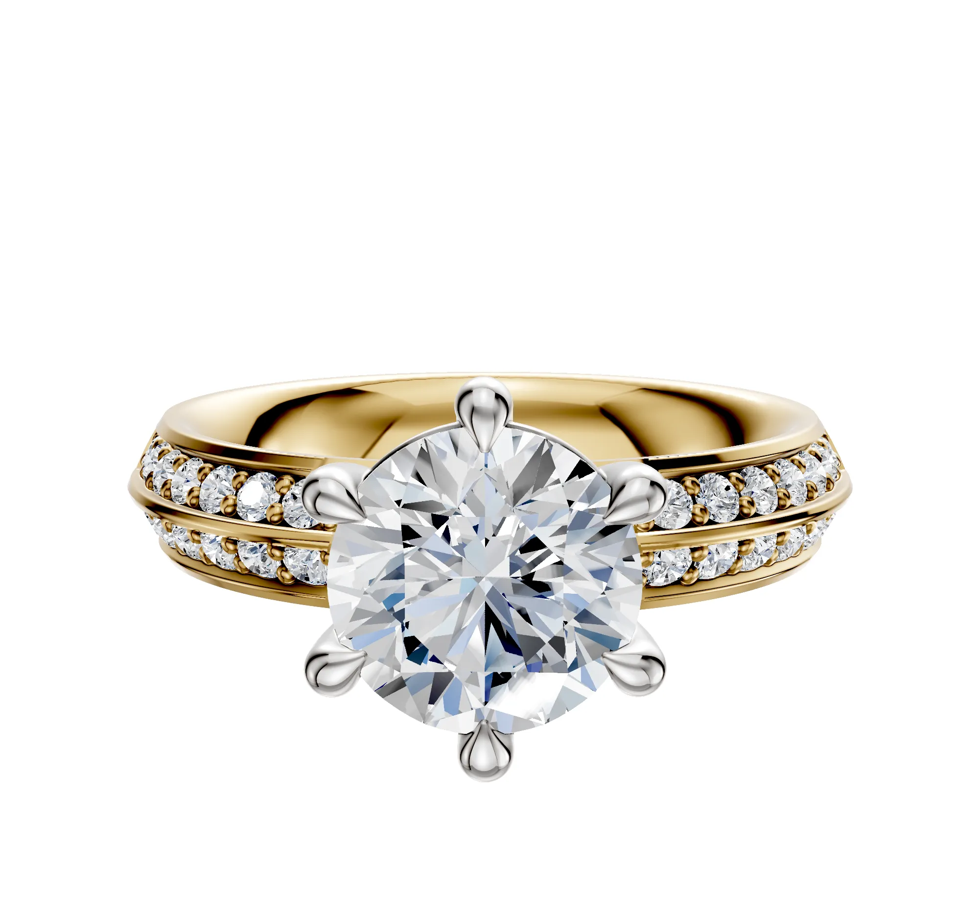 18K Two Tone 6 Prong Basket Classic Knife Edge 1-Row-Pave 2.5mm Engagement Ring sold by Promise By Effy