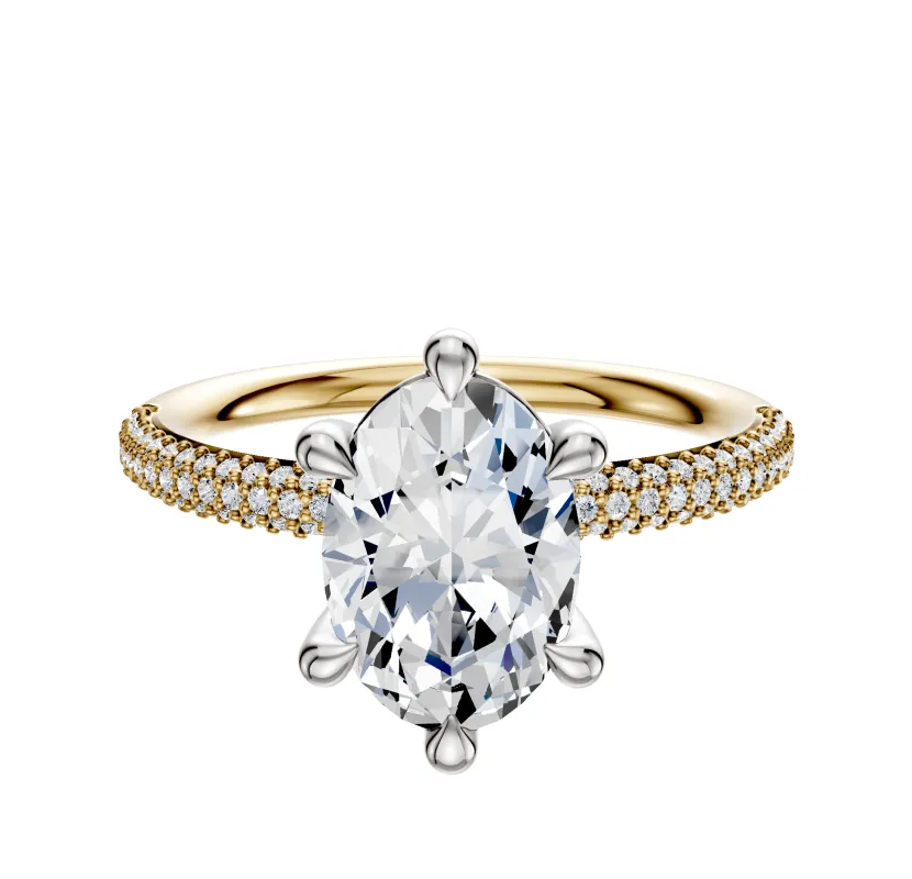 14K Two Tone 6 Prong Basket Classic Dome 3-Row-Pave 2.0mm Engagement Ring made by Promise By Effy