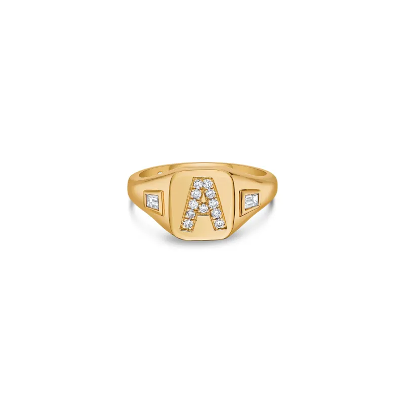 Initial Signet Ring with Baguette and Round Lab Diamonds sold by Promise By Effy
