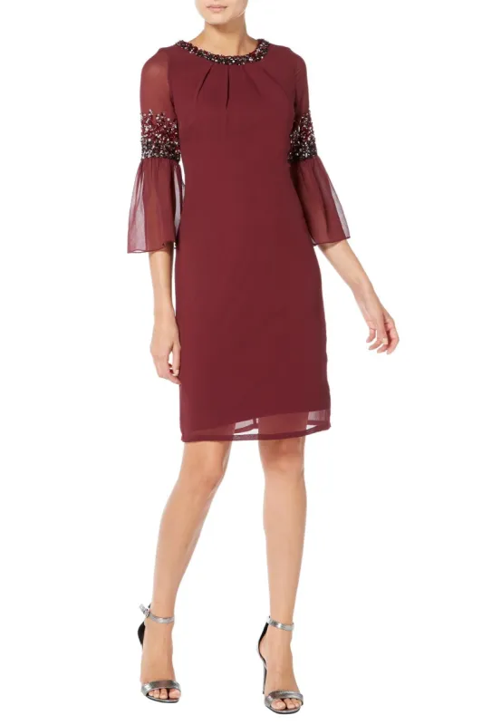 Burgundy Midi Dress with Pleated Sleeves sold by Raishma