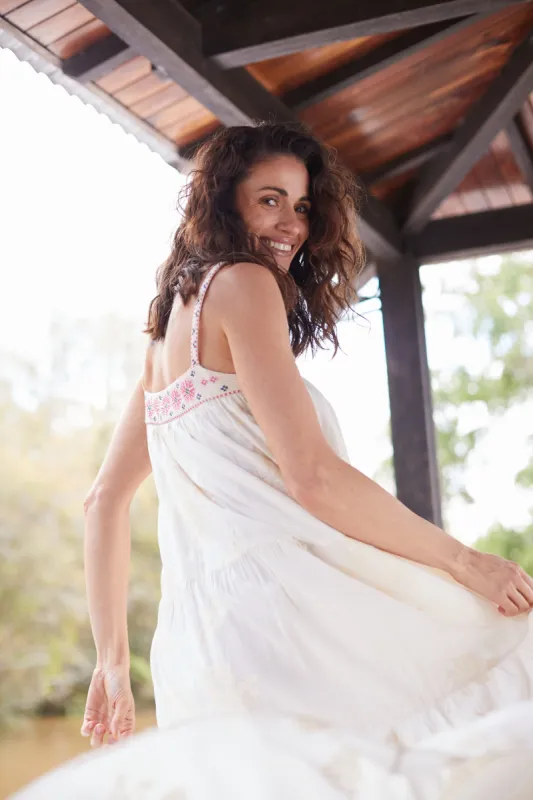 EMBROIDERED NATASHA MAXI DRESS LINEN OFF WHITE sold by Ro's Garden