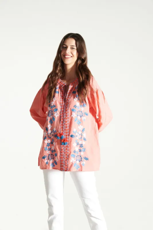 BRINN TOP EMBROIDERED LINEN CORAL sold by Ro's Garden