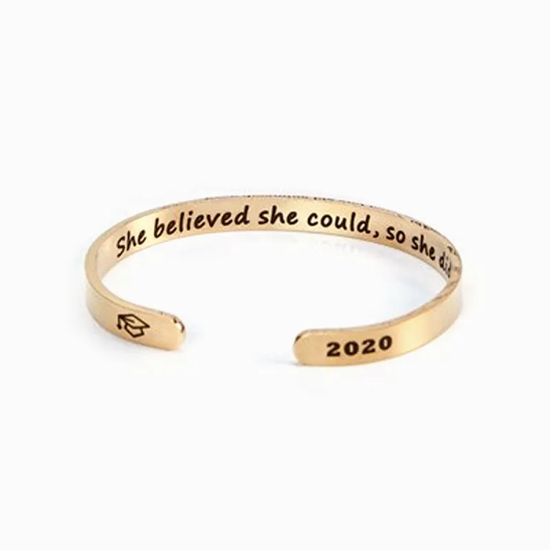 GRADUATION SEASON INSPIRATIONAL GIFT 2020 TITANIUM STEEL OPENING BRACELET INNER CIRCLE LETTERING SHE BELIEVED made by SARAH'S WHISPER