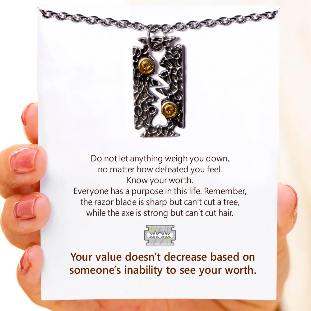 "Your value doesn't decrease based on someone's inability to see your worth." Razor-Blade Necklace sold by SARAH'S WHISPER product image thumbnail 3